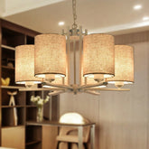White Metal Sputnik Chandelier with Cylinder Fabric Shade - Modern Lighting for Ceiling (6/8 Heads)